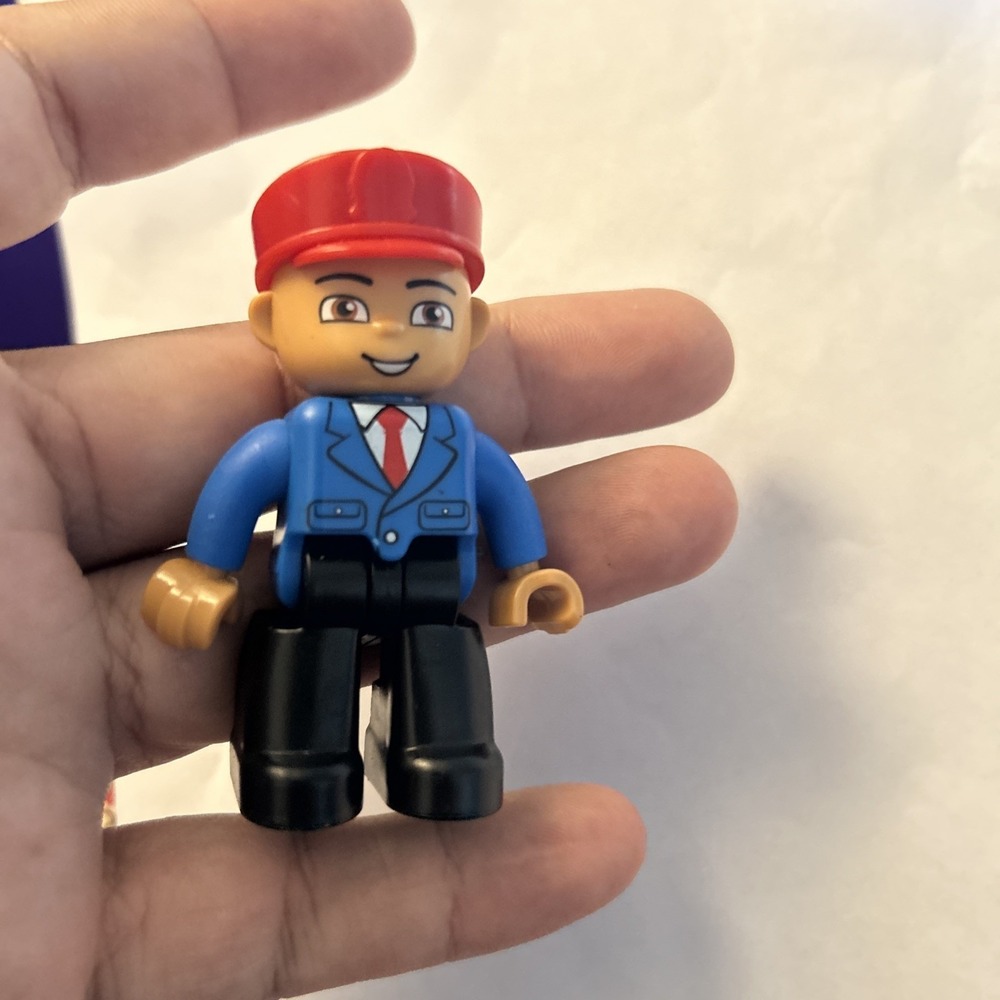 Lego Duplo Male Figure w/ Red Hat Blue Jacket Gray Pants - Pilot Train Conductor